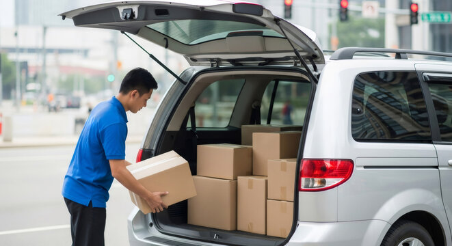 Man loading cardboard boxes into the trunk of a silver car. Delivery service or courier concept for logistics and transportation.