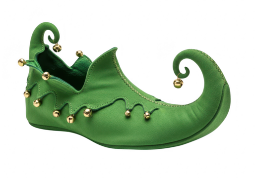 A green elf shoe with gold bells, a whimsical and festive footwear, perfect for adding a touch of holiday magic to any christmas celebration isolated on a transparent background	