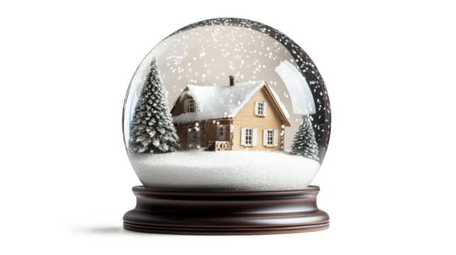 Wooden house and pine trees snow globe isolated on a transparent background - Powered by Adobe