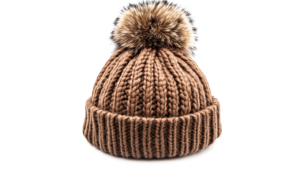 Brown knitted beanie with fur pompom isolated on a transparent background