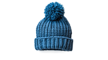 Blue knitted beanie with pompom isolated on a transparent background