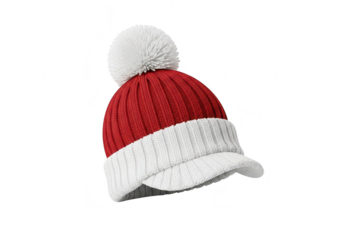 A red and white knit hat with a pompom, a cozy and stylish accessory for the winter season, perfect for keeping warm and fashionable isolated on a transparent background	