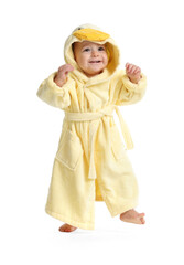Cute baby in bathrobe on white background