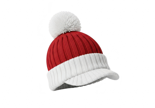 A red and white knit hat with a pompom, a cozy and stylish accessory for the winter season, perfect for keeping warm and fashionable isolated on a transparent background	