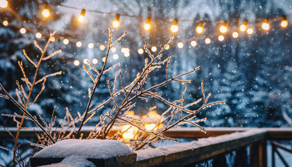 Winter Snowfall Background with Frosted Tree Branches and Warm Festive Lights