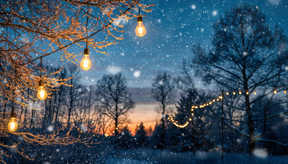 Winter Snowfall Background with Frosted Tree Branches and Warm Festive Lights