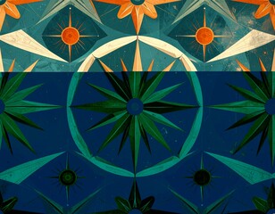 Abstract geometric pattern with star-like shapes in contrasting blue and orange green hues