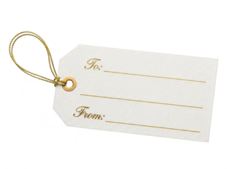 A blank gift tag with gold accents the tag has lines for to and from, making it perfect for labeling presents and adding a personal touch isolated on a transparent background	