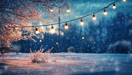Winter Snowfall Background with Frosted Tree Branches and Warm Festive Lights