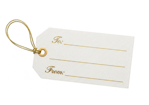 A blank gift tag with gold accents the tag has lines for to and from, making it perfect for labeling presents and adding a personal touch isolated on a transparent background	