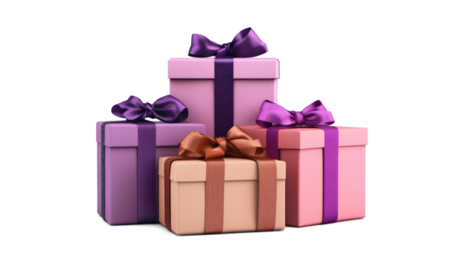 Four gift boxes with ribbons isolated on a transparent background