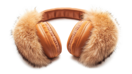 Brown leather earmuffs with fur trim isolated on a transparent background
