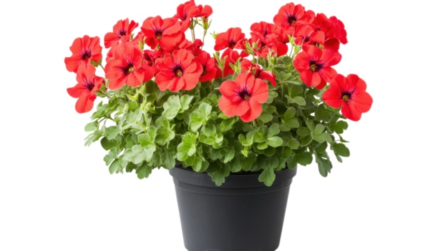 Red Geranium Flowers in Black Pot isolated on a transparent background