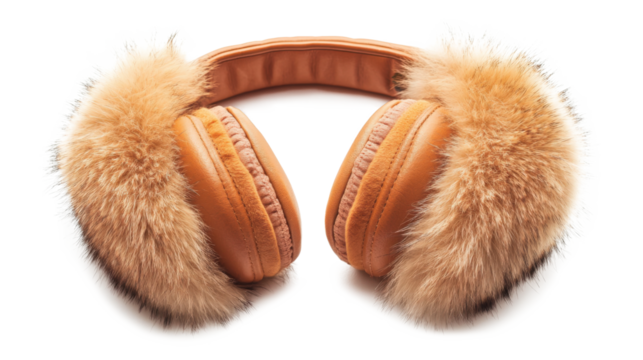 Brown leather earmuffs with fur trim isolated on a transparent background