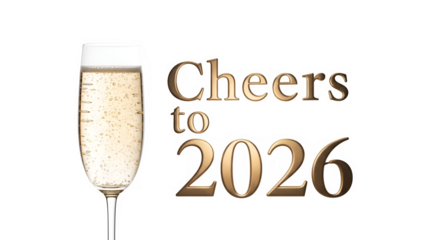 A tall flute glass filled with bubbly champagne or sparkling wine with the text cheers to 2026 isolated on transparent background