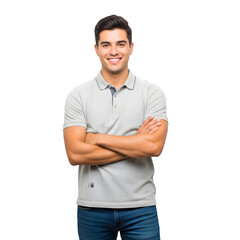 Smiling man standing arms crossed isolated on transparent background