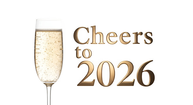 A tall flute glass filled with bubbly champagne or sparkling wine with the text cheers to 2026 isolated on transparent background - Powered by Adobe