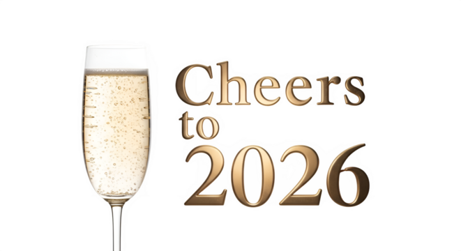 A tall flute glass filled with bubbly champagne or sparkling wine with the text cheers to 2026 isolated on transparent background