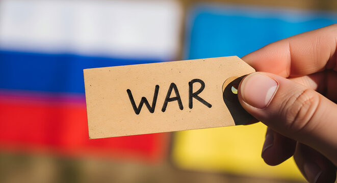 Russia Ukraine War Tag: A tag with the word "War" held up in front of blurred Russian and Ukrainian flags - Powered by Adobe