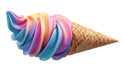 Rainbow ice cream swirl in waffle cone isolated on a transparent background