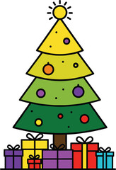 Stylized Christmas tree with ornaments and gift boxes, festive holiday illustration, seasonal vector design, celebration symbol, cad sketch style