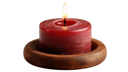 Red candle with flame on wooden base isolated on a transparent background