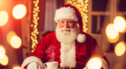 Smiling santa claus in red suit with white beard holding a cup of hot drink