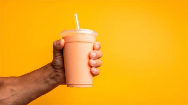 Refreshing orange smoothie presentation, dark hand holding drink on bright yellow backdrop,