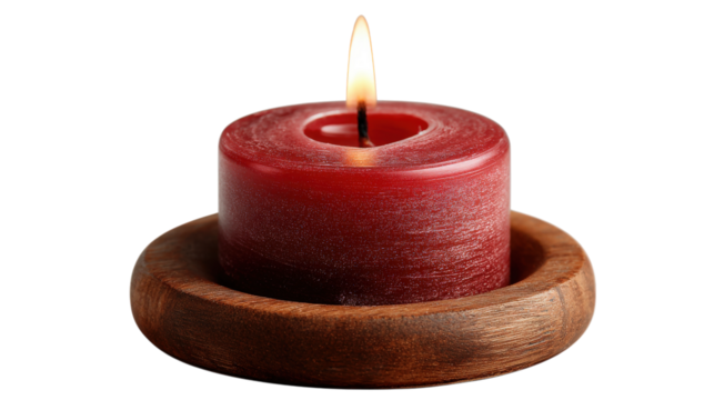 Red candle with flame on wooden base isolated on a transparent background