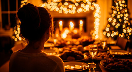 Woman looking at a beautifully set christmas dinner table with candles and fairy lights