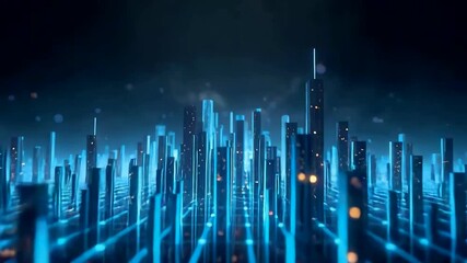 Digital glowing blue cityscape made of tall illuminated data towers rising from a grid surface, showcasing modern technology and virtual urban design - Powered by Adobe
