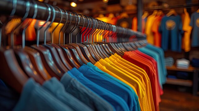 Colorful t-shirts hanging on wooden hangers in boutique clothing store, generative ai