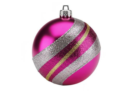 A vibrant pink christmas ball ornament with glittery silver and gold stripes, perfect for adding a festive touch to your holiday decorations isolated on a transparent background	