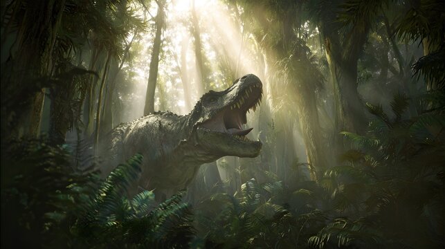 Majestic dinosaur roars amidst misty jungle sunlight a powerful prehistoric cinematic scene of raw primal beauty