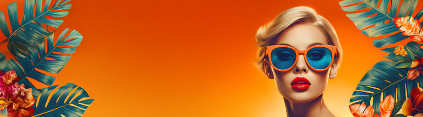 Vibrant tropical portrait of a glamourous young woman. 1950 summer glamour aesthetics, flamboyant orange background, huge copy space.
