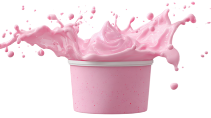 Pink yogurt splash from cup isolated on a transparent background