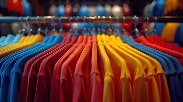 Colorful t-shirts on hangers in fashion store clothing rack, generative ai