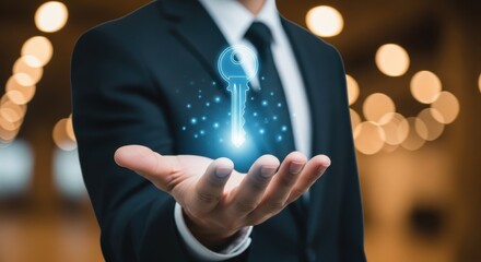 Businessman holding a glowing digital key representing success opportunity and innovation in business