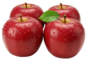Four vibrant red apples with glistening water droplets, one with a green leaf, on a transparent background, soft studio light, concept of natural freshness