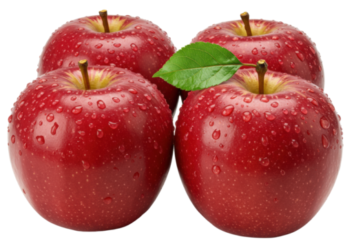 Four vibrant red apples with glistening water droplets, one with a green leaf, on a transparent background, soft studio light, concept of natural freshness