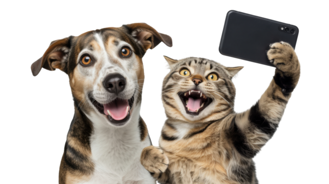 Cat and dog taking a selfie isolated on a transparent background