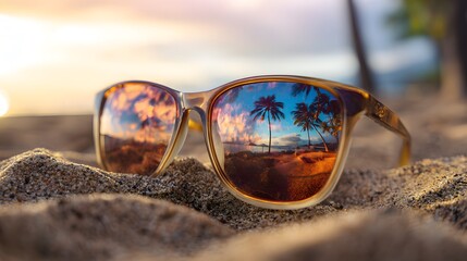 Sunset beach escape mirrored sunglasses on sand tropical palm trees golden light vacation mood serene landscape