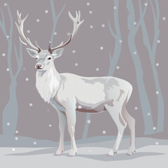 An illustration of a majestic white stag with large antlers standing in a snowy forest. Light grey trees are visible in the background, and white snowflakes are falling around the deer