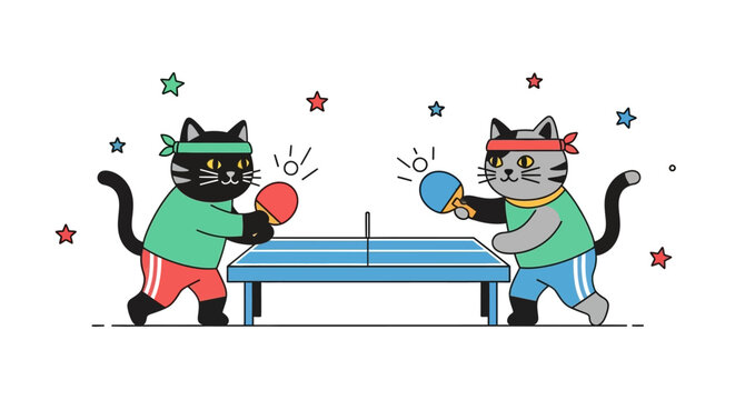Two cats playing a game of ping pong on a table with paddles and a ball, depicted in a playful cartoon style