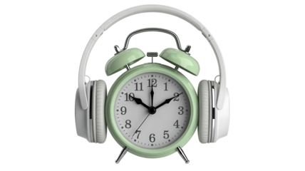 Mint green alarm clock with headphones isolated on a transparent background