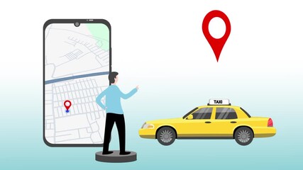 man using smartphone map app to order a taxi. Concept of online transportation, GPS navigation, and mobile ride booking service. Cartoon animation 2d