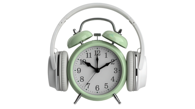 Mint green alarm clock with headphones isolated on a transparent background