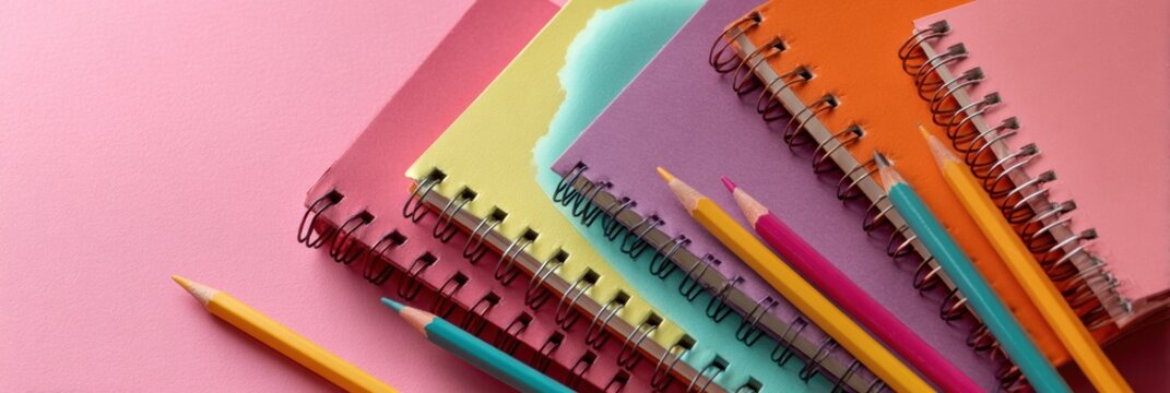 Recycled Paper Notebooks and Colorful Pencils Arranged Creatively on a Pink Background for Art and Writing