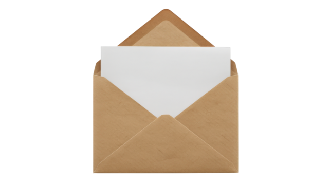 Open Kraft Envelope With White Paper isolated on a transparent background