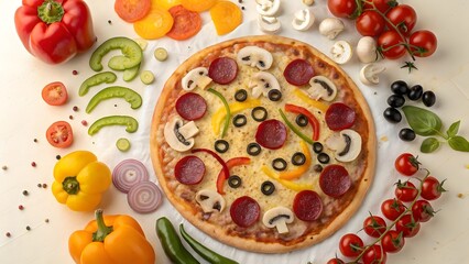Delicious freshly baked pepperoni and vegetable pizza surrounded by vibrant fresh ingredients on a clean white background